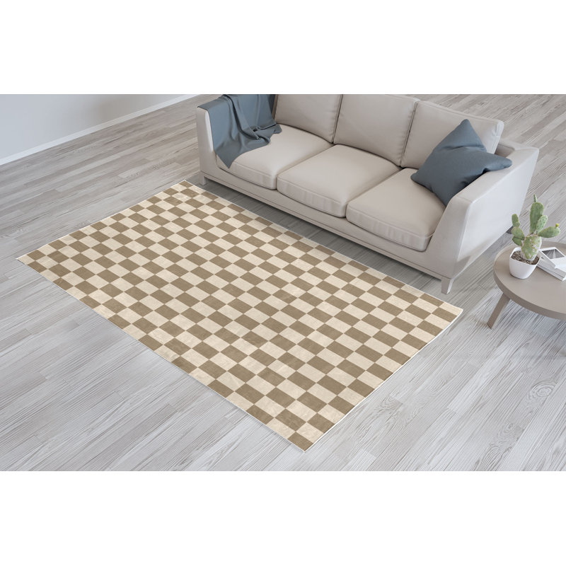 Checkers Game Turkish Area Rug, 4' X 5' 7", Beige Cream