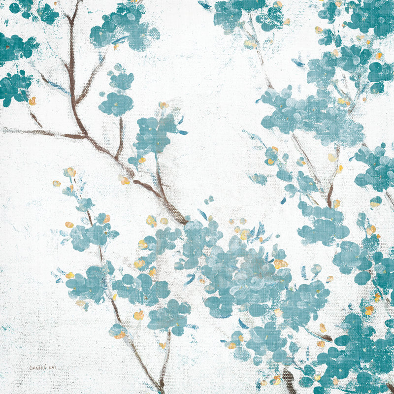 Fleurs de cerisier bleu sarcelle II sur crème vieilli sans oiseau, H 20 po x l 20 po x P 1,25 po