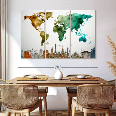 Carte du monde abstrait sur toile, ensemble de 3 pièces