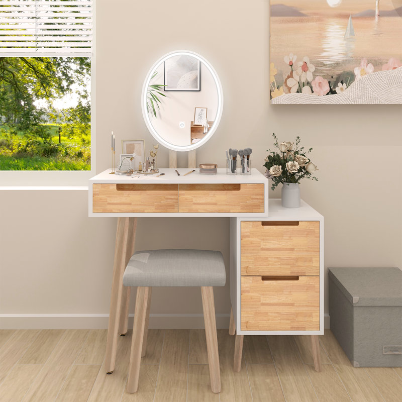 Bureau de coiffeuse avec miroir à 3 modes d'éclairage réglables, 4 tiroirs et tabouret rembourré, armoire de rangement réglable