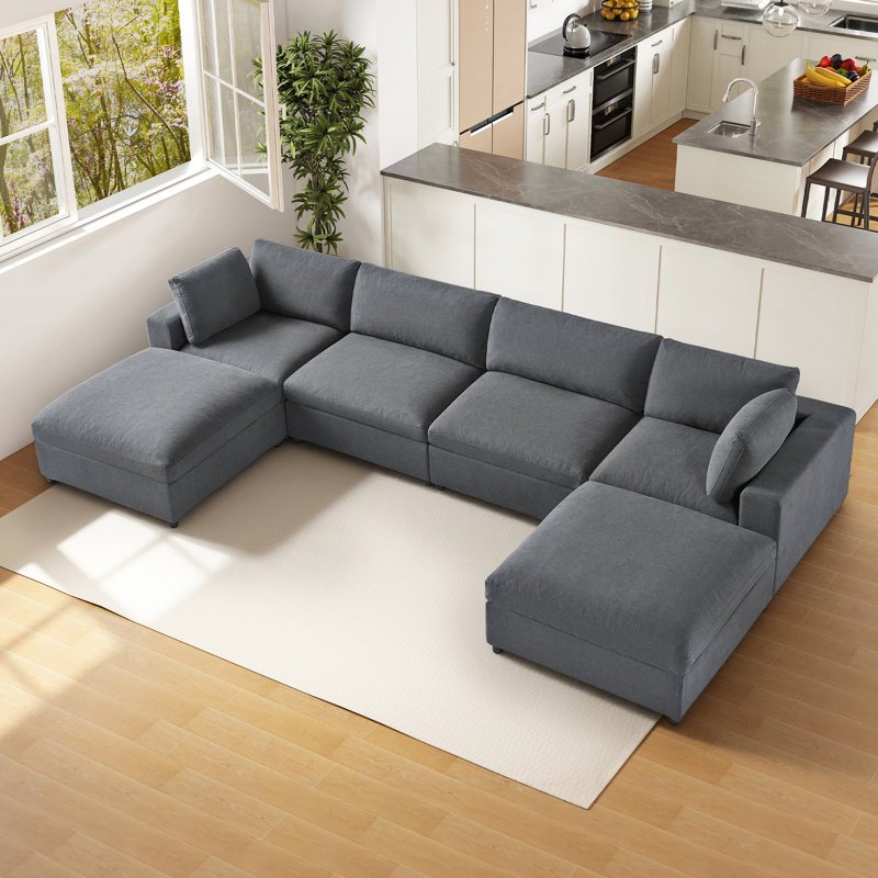Canapé modulaire surdimensionné en U rembourré de duvet à 6 places de 152 po avec méridienne, brun, Lin brun