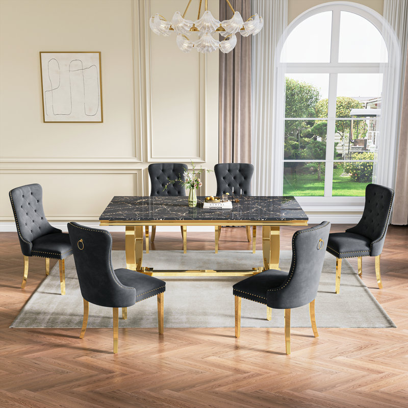 Rectangular 70.1"L X 35"W Dining Set, Black/Gold, Black/Gold, 7 Pieces: Table, 6 Chairs
