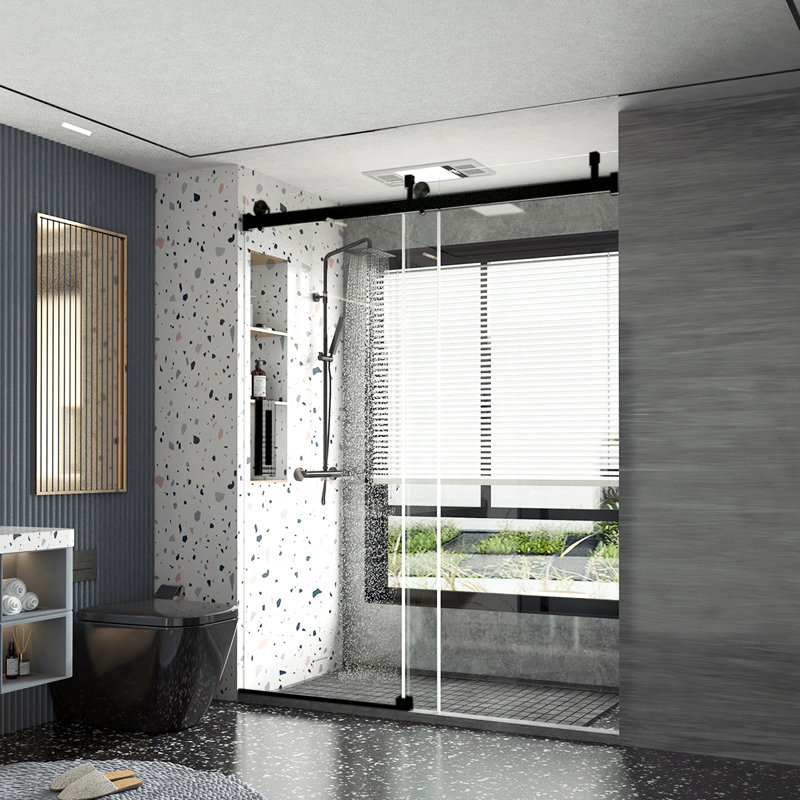 Porte de douche coulissante simple sans cadre l 58 à 61 po x H 76 po avec verre trempé amélioré de 3/8 po (10 mm), Noir