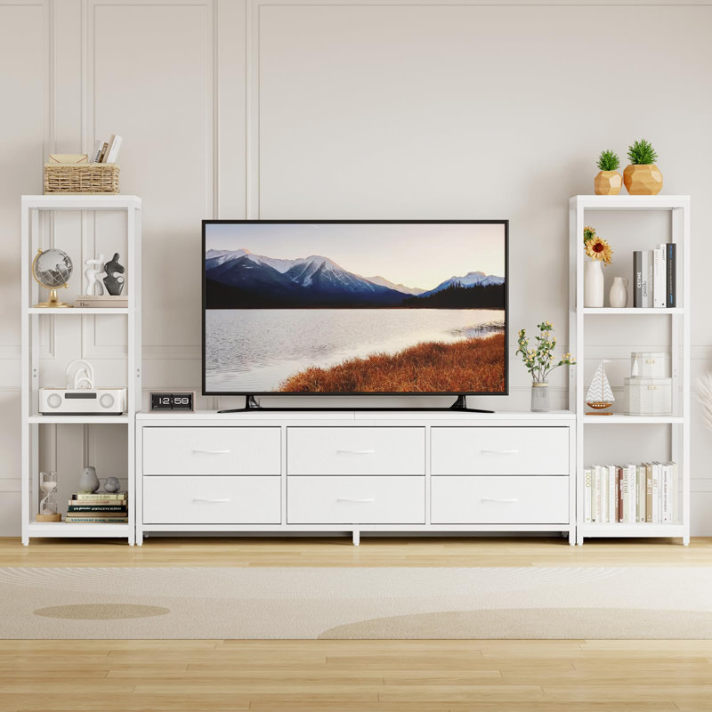 88.9" TV Stand for 75 Inch TV, Entertainment Center with Fabric Drawers & 4-Tier Open Shelves, Modern Media Console with Storage
