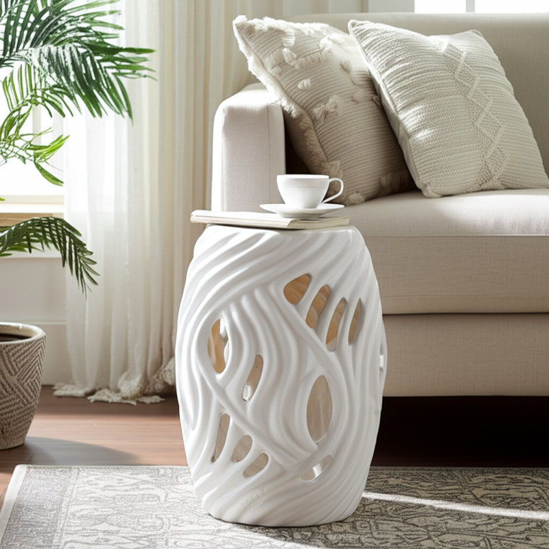 Table d'appoint en céramique à motif ajouré pour salon de chambre à coucher - 19 po - blanc