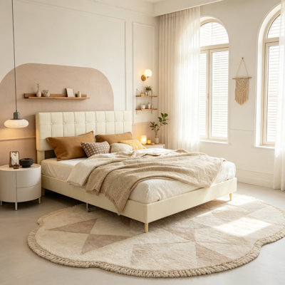 Structure de lit plateforme tapissier avec tête de lit, structure de lit plateforme à profil bas avec support en lattes de bois, aucun sommier nécessaire, beige, grand