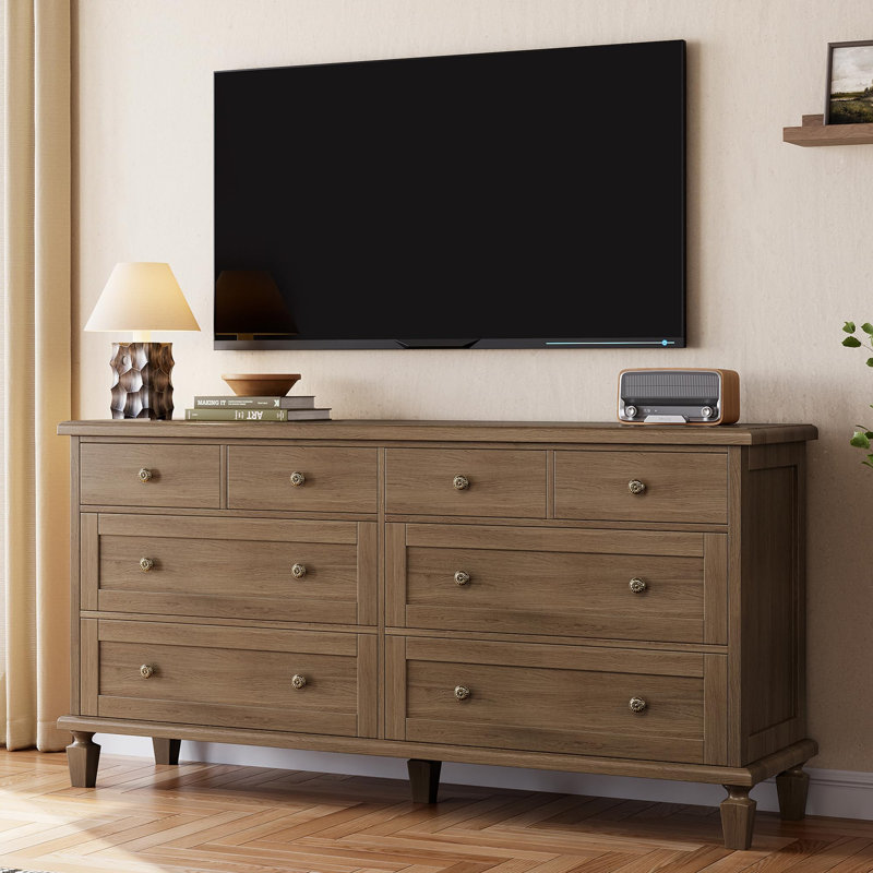 59" Wide Vintage 8 Drawer Wood Dresser with Carved Handles & Tapered Legs for Bedroom, Light Brown