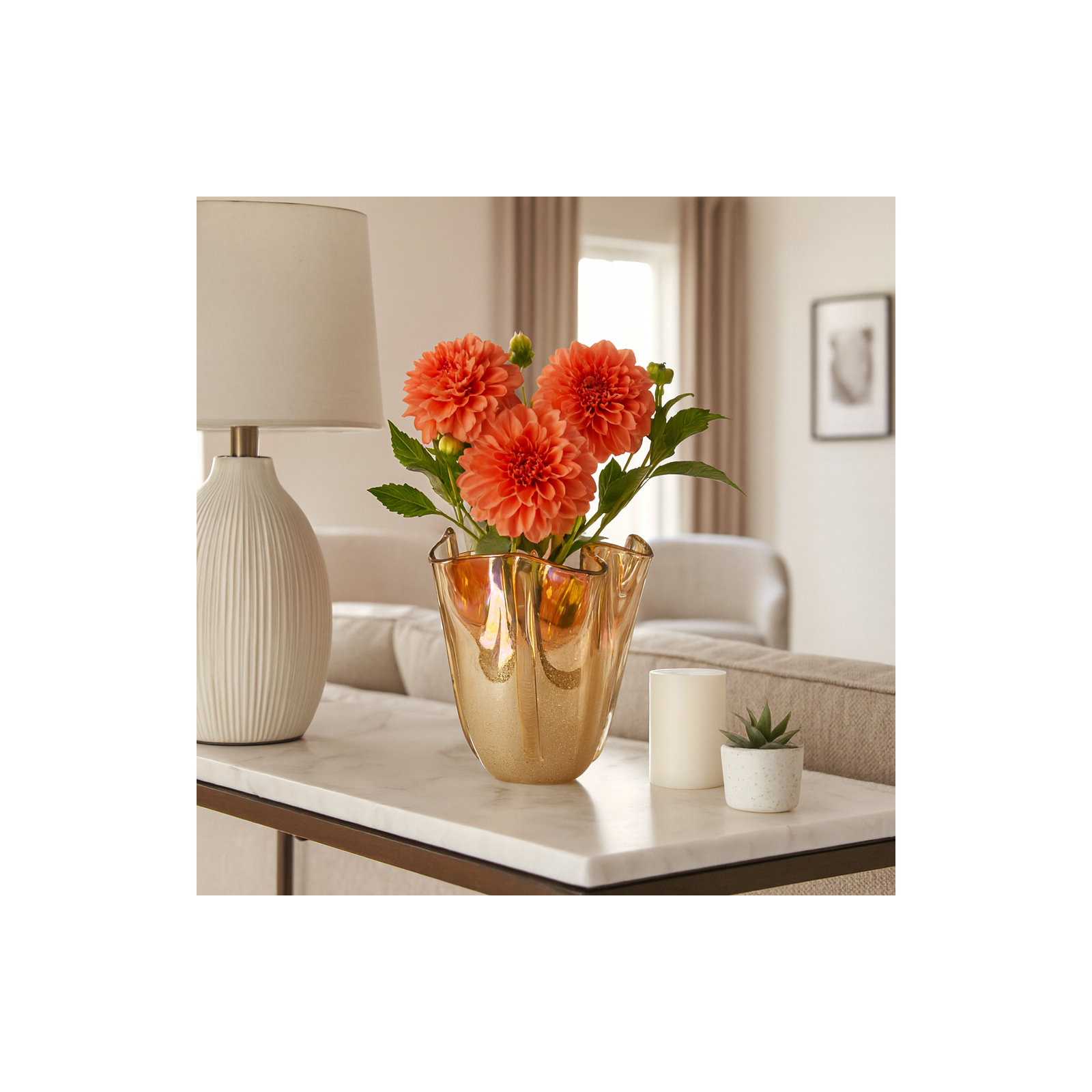 Ivy Bronx Bartoli Large Artisan Blown Glass Vase, Tan, 9" H x 10" W x 10" D
