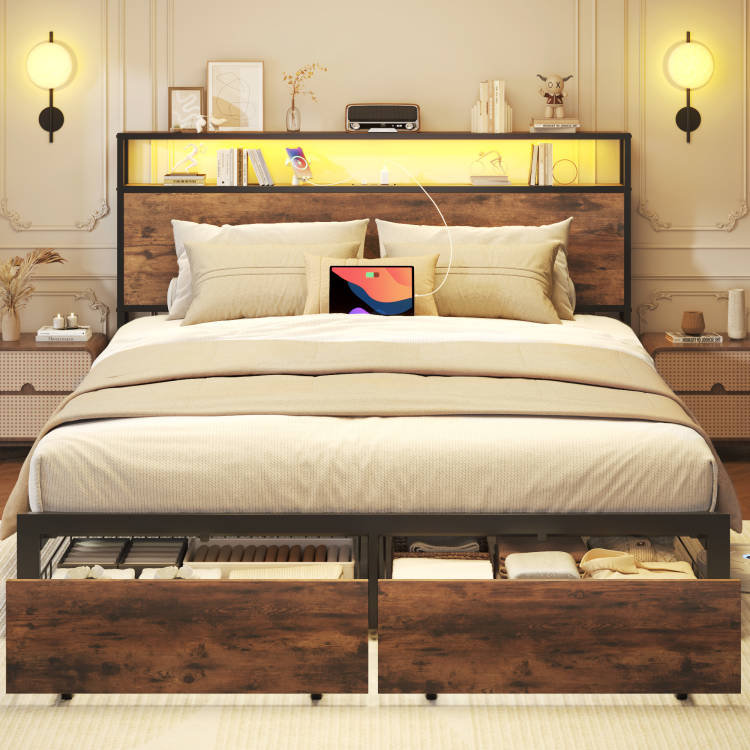 Queen Size Bed Frame with Storage Footboard, Vintage Brown