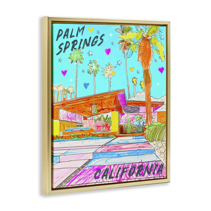 «Palm Springs Villa Doodle» par Jess Stempel, Cadre flottant métallique doré, H 21 po x l 17 po