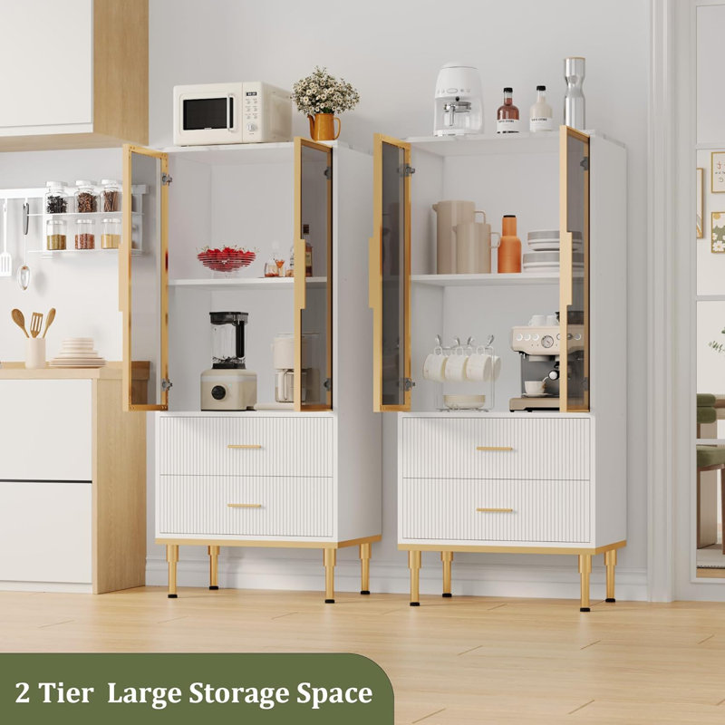 Garde-manger en verre avec 2 tiroirs, grand buffet de rangement pour le salon, blanc, Blanc
