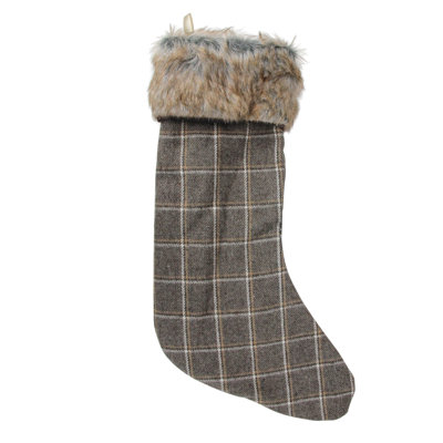 Chaussette de Noël 17,5 po à motif écossais gris et brun avec manchette