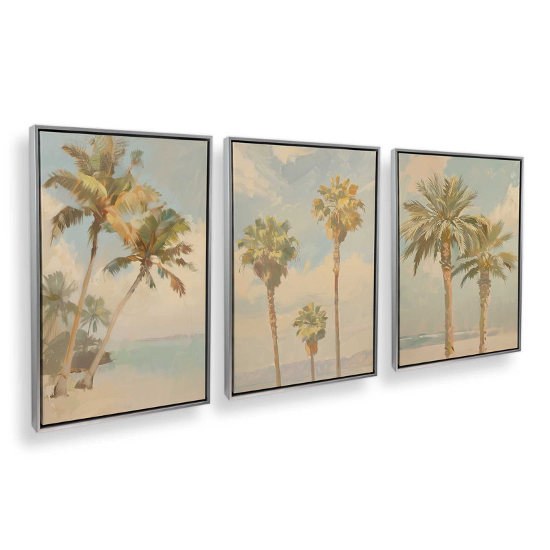 Ensemble de 3 imprimés Coastal Palms, 36 po x 24 po, Cadre flottant en chrome poli
