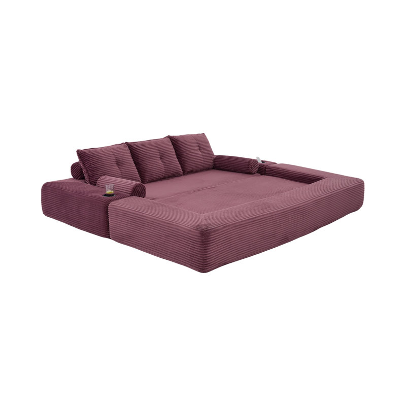 Canapé-lit convertible compact trois places au design minimaliste, Velours côtelé vin rouge