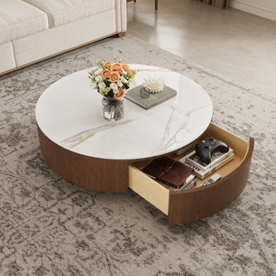 Table basse ronde moderne en pierre frittée de 35 po avec tiroir de rangement, base en bois massif et pieds en acier inoxydable, aucun assemblage requis