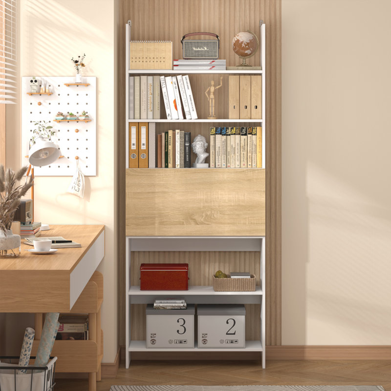 Modern Ladder-Style Bookshelf With Drop-Down Desk And Adjustable Shelves – Multi-Functional Study Space With Hidden Storage