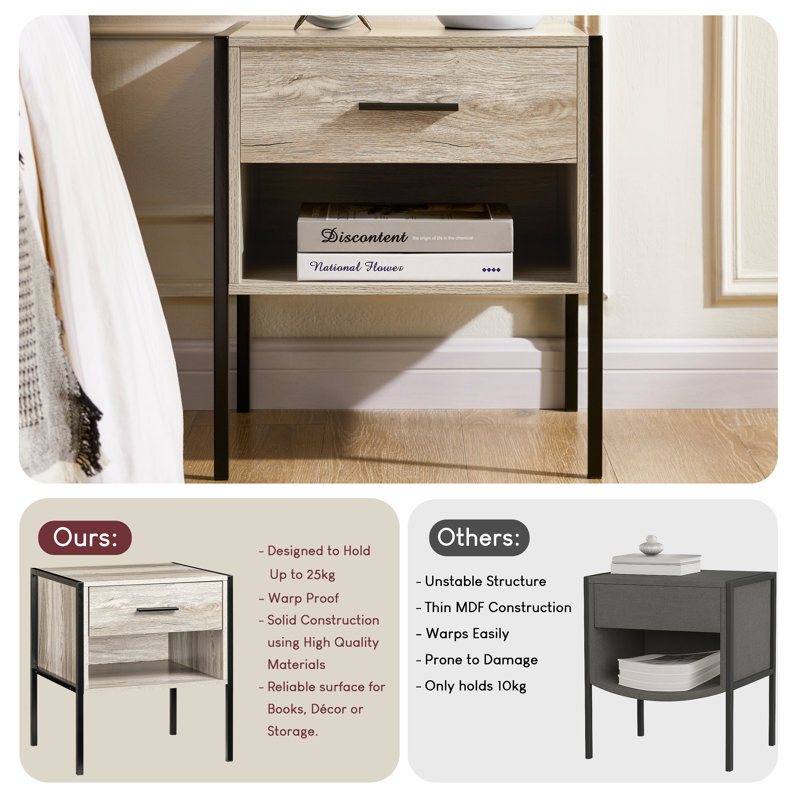 Oscar 1 Drawer Industrial Bedside Table with Metal Frame and Open Shelf, Grey