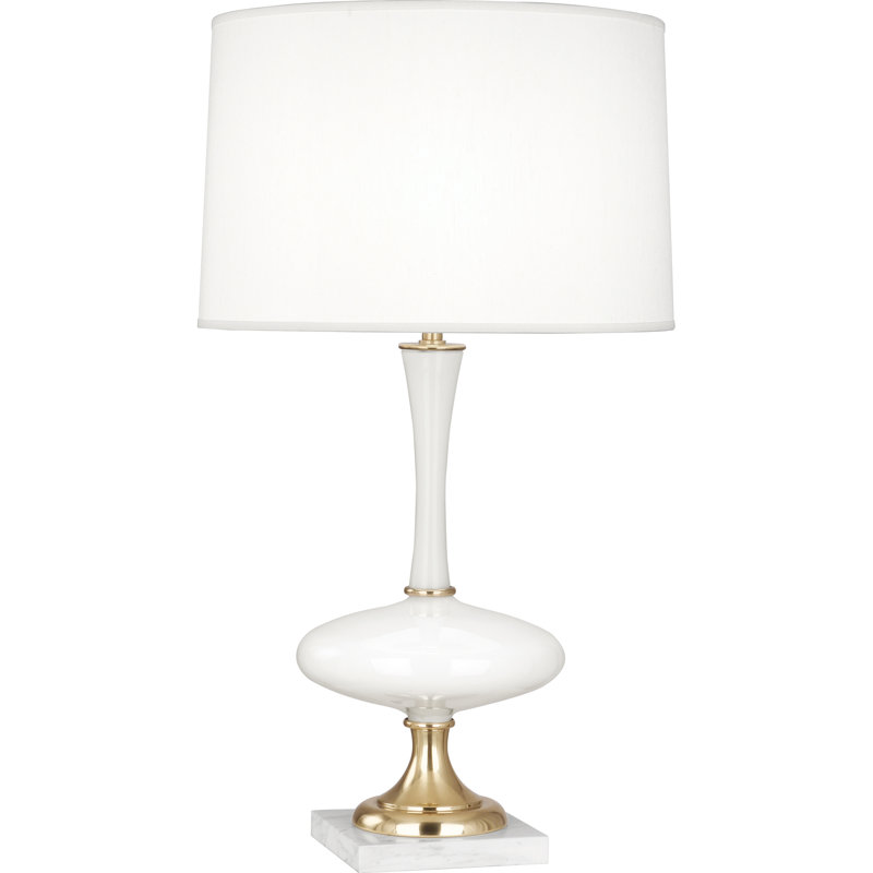 Luxurious White Glass Table Lamp With Brass And Marble Accents - Elegant Dupoini Fabric Shade | 150W E26 Socket | Modern Home Lighting