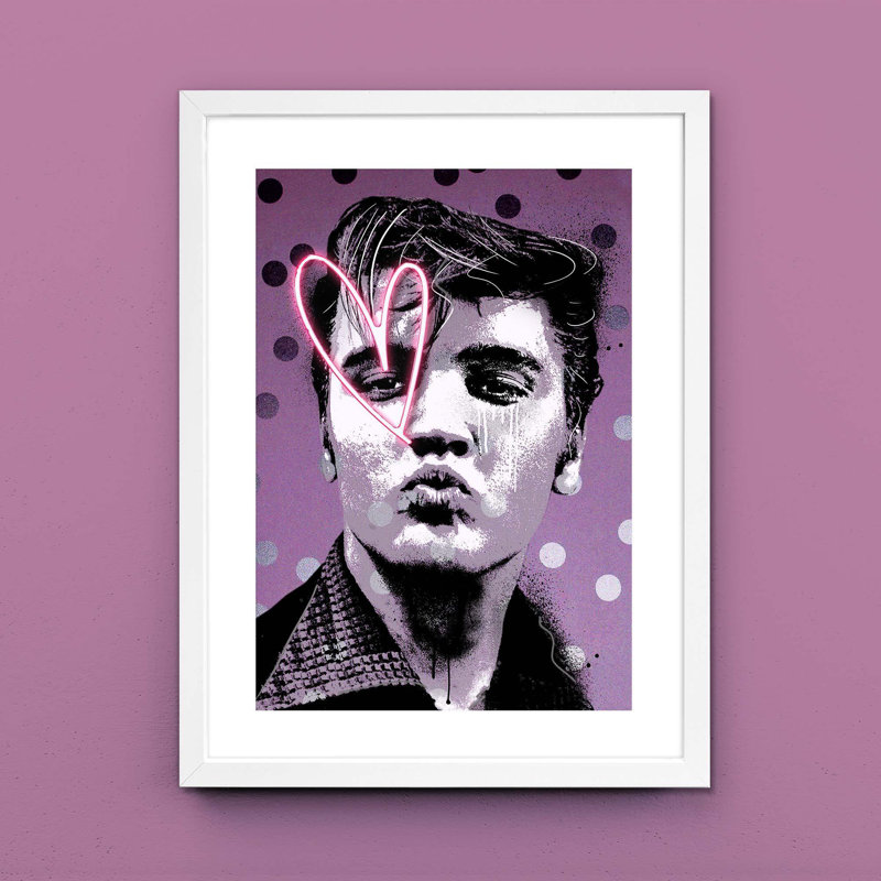 Elvis Neon Heart - Print on Canvas, Black Framed, 71cm H x 50.8cm W x 5cm D