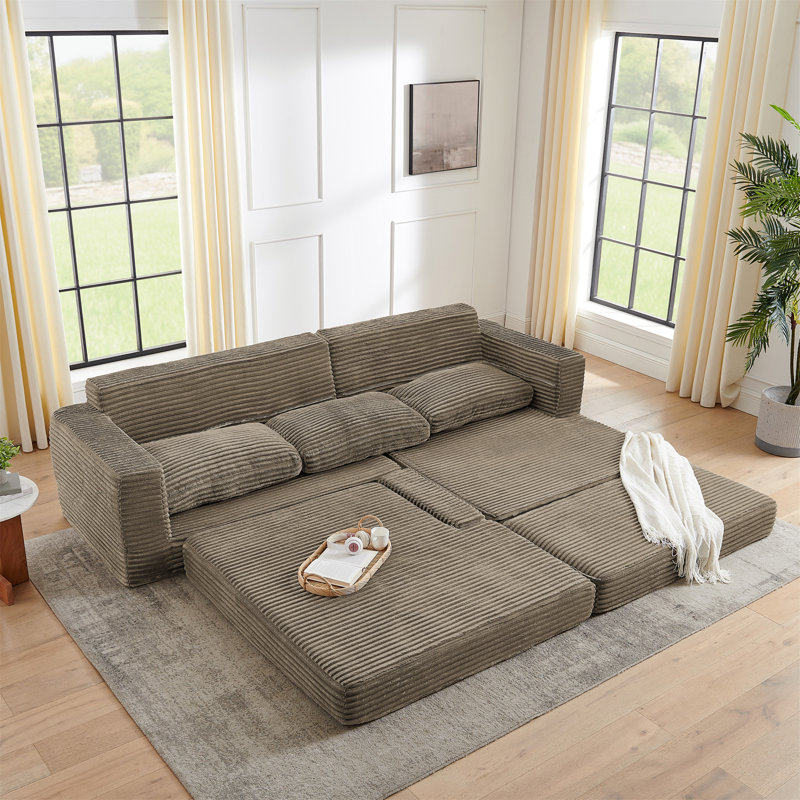 Canapé modulaire en L en forme de L, canapé compressé confortable avec un design peu encombrant, se déplie en lit, velours côtelé minimaliste moderne - brun