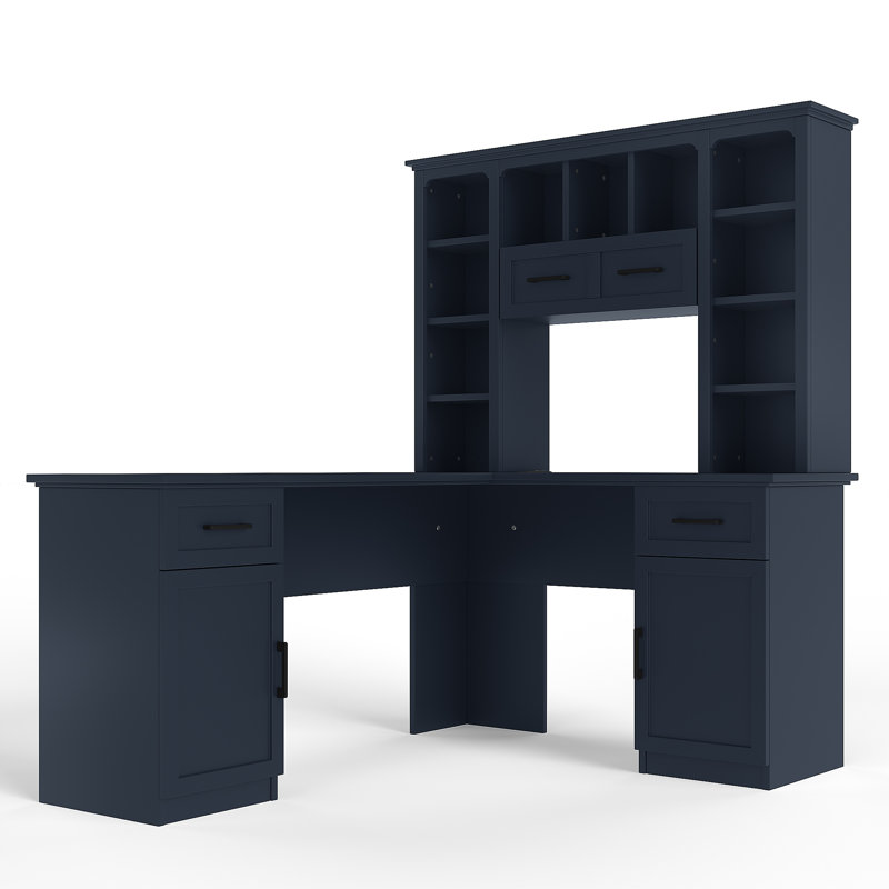 Bureau d'ordinateur en L avec 2 armoires et 2 tiroirs, 11 tablettes ouvertes et 1 tablette à droite rabattable avec rangement, avec prise de courant, pour bureau, salon et bureau, bleu antique