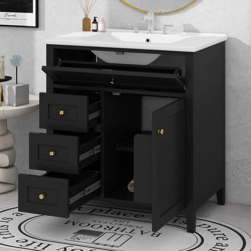 Meuble-lavabo de salle de bain avec lavabo, armoire moderne avec 3 tiroirs et tablette réglable, 30", Noir, Doré
