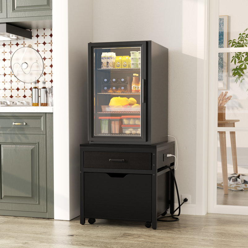 Fridge Stand With Charging Station And Storage, Black