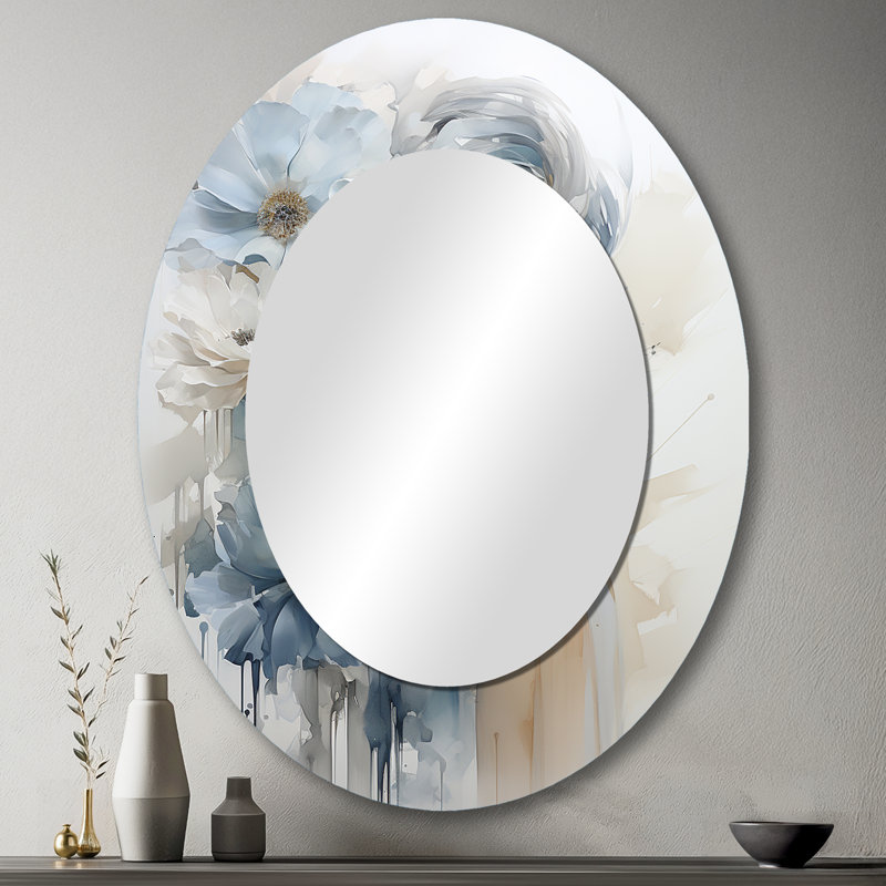 Portrait de femme bleu et blanc - miroir mural ovale moderne bleu, 43 po x 33 po
