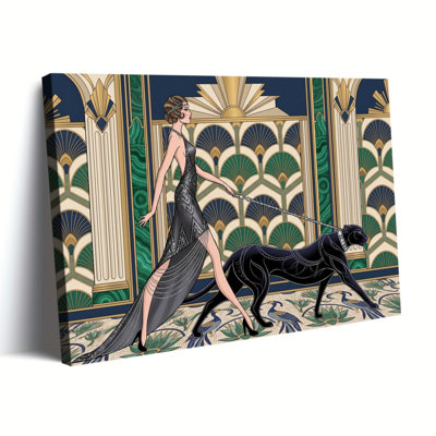 Art Deco Flapper Lady with Black Panther Luxury Canvas Art, Wrapped Canvas, Ready to Hang