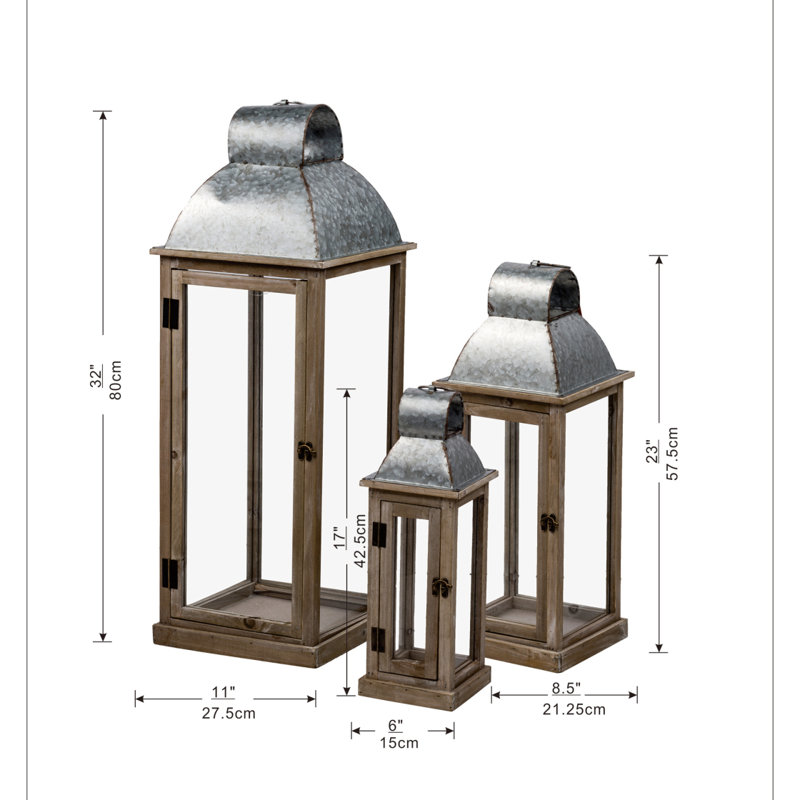 Ensemble de 3 lanternes en bois naturel et argent, L 11 x 11 x 32 po, M 8,5 x 8,5 x 23 po, S: 6 x 6 x 17 po