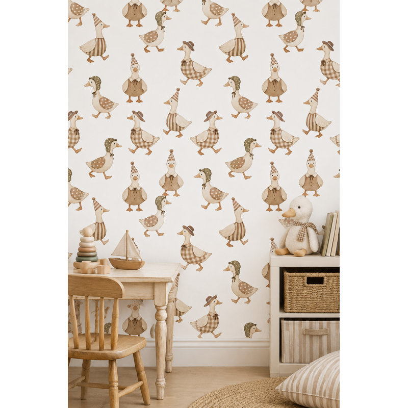 Papier peint Canards habillés, motif aquarelle neutre, Peler et coller