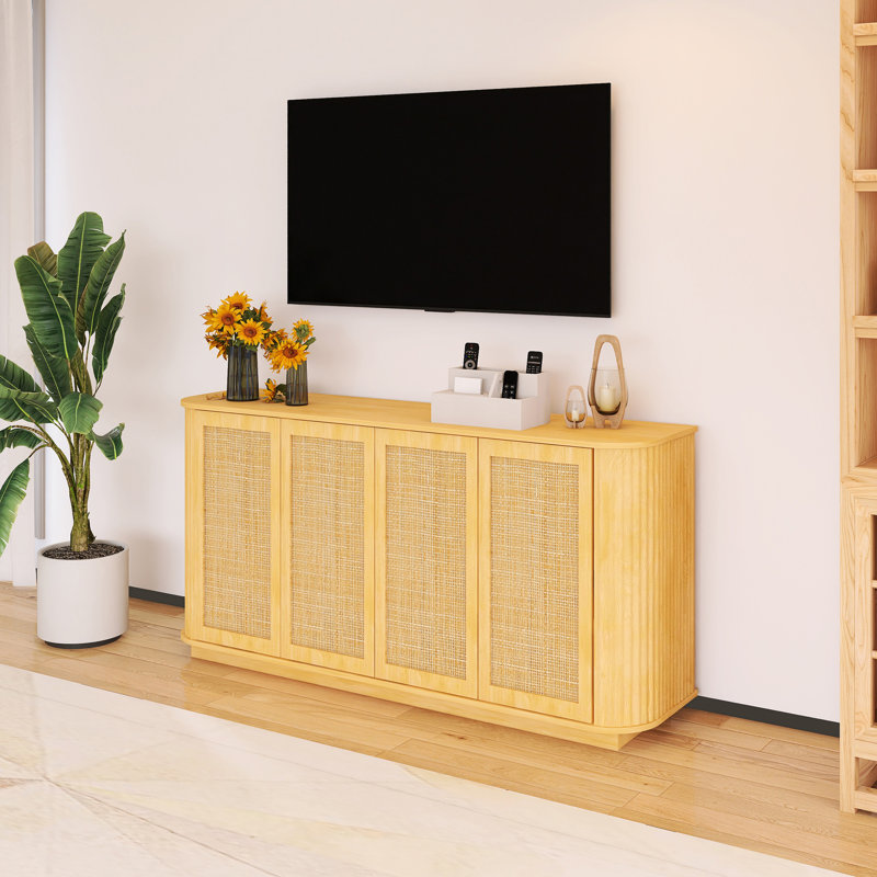 31.50'' Tall Wave Shaped TV Stand With Rattan Doors, 31.5"H x 64"L x 15"W
