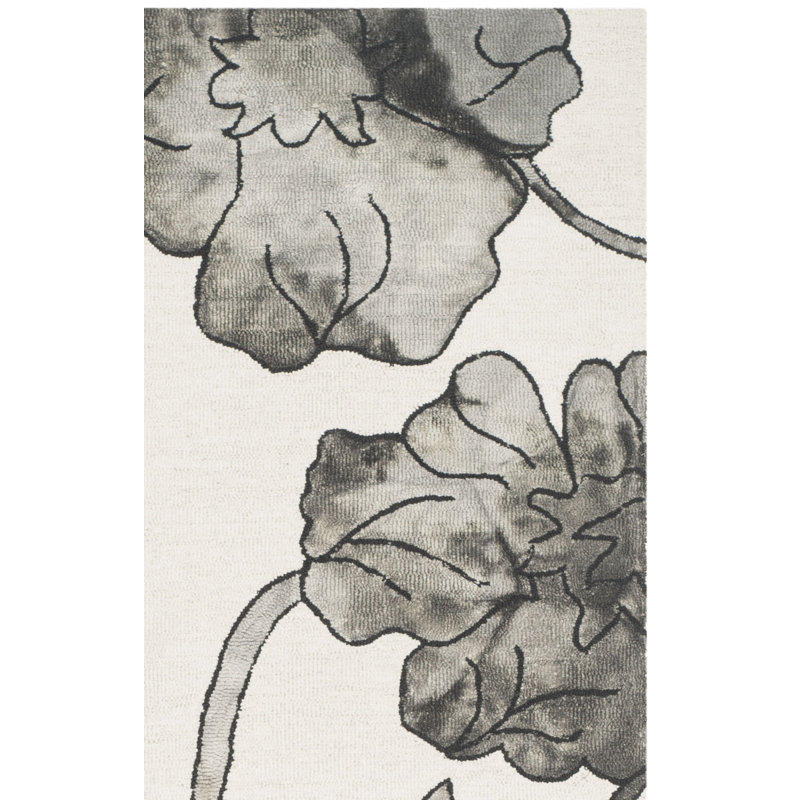 Tapis floral en laine et en coton touffeté à la main de couleur ivoire / gris clair Coleman, Rectangle 3 pi x 5 pi
