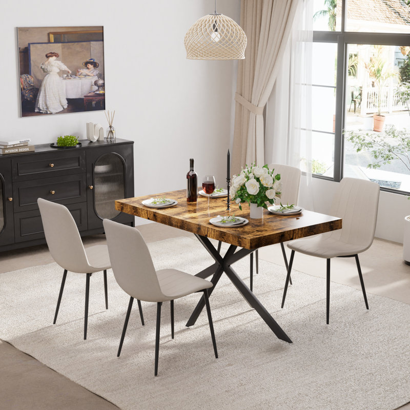 Ensemble de table de salle à manger extensible avec chaises en velours, H 29,92 po x L 55,11 po x l 31,49 po, 9, Beige / noir