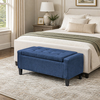 Banc ottoman de rangement recouvert de lin, repose-pieds relevable capitonné avec pieds en bois d'hévéa, banc multifonctionnel de bout de lit pour salon ou chambre à coucher