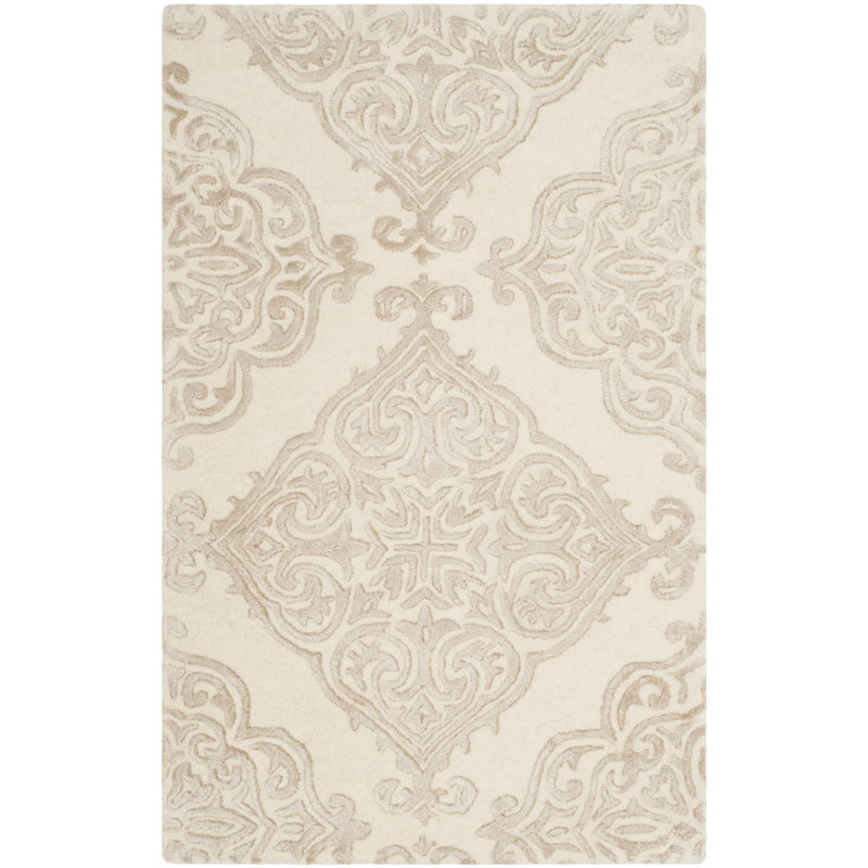 Bernon Hand Tufted Viscose/Wool Damask Rug in Ivory, Rectangle 2' x 3'