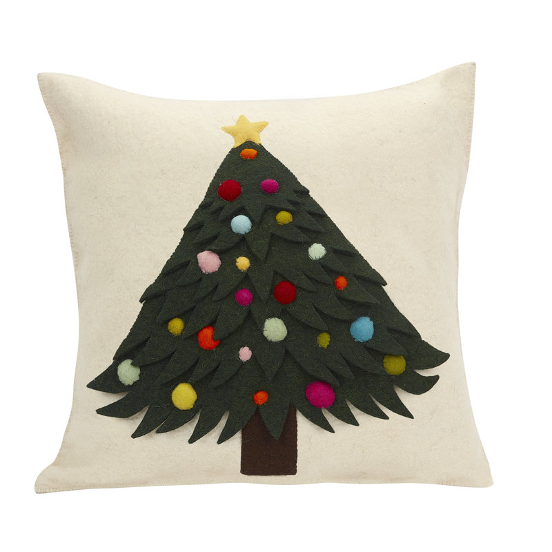 Hand Felted Wool Pillow Cover - Tree With Ornaments On Cream, Pillow Cover Only - No Insert