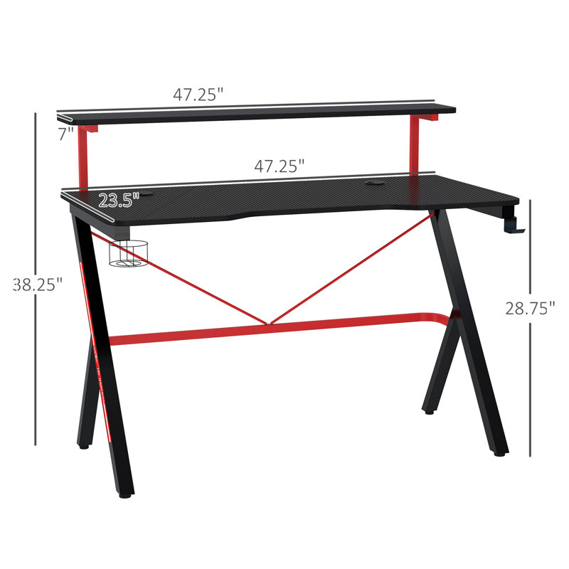Gaming Desk Racing Computer Desk Workstation with Elevated Monitor Shelf Rotatable Cup Holder