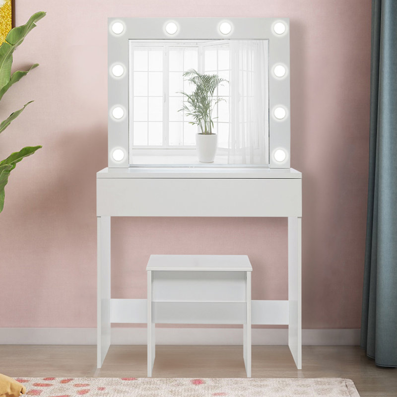 Ensemble coiffeuse en bois massif avec tabouret et miroir, Blanc