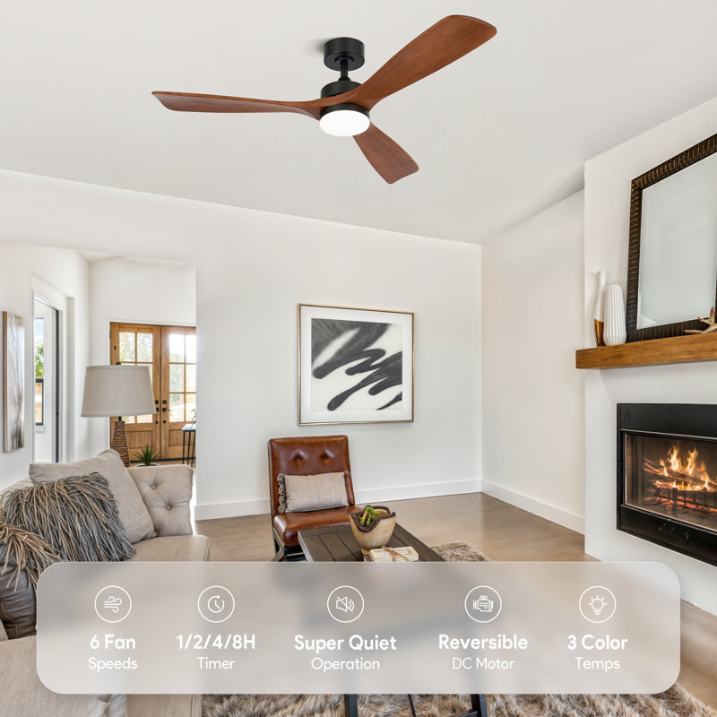 52" Black and Walnut Wood Ceiling Fan with LED Light and Remote