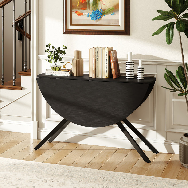 Folding Dining Table 47'' Extendable Round Kitchen Table w/Drop Leaves for Home, Black