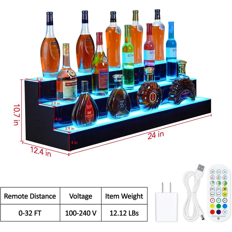 Tablette de présentation de bouteilles de boissons alcoolisées à DEL avec tablettes en acrylique de 24 pouces à 3 niveaux, éclairage multicolore, 4 modes de musique, télécommande sans fil et télécommande sans fil, fixation murale pour bar ou maison, rectangulaire
