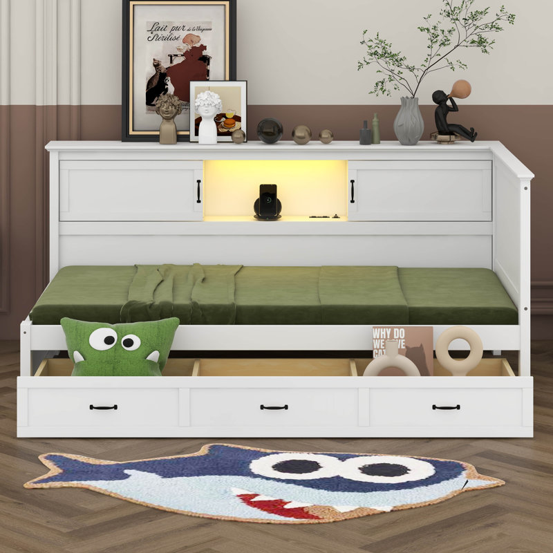 Lit de coin en bois avec lit à DEL et port USB pour petite pièce, Simple, White/Natural