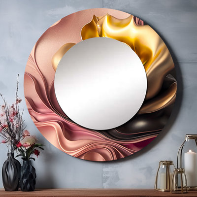 Fleurs glamour élégantes en or et taupe I - miroir mural floral unique, miroir rond traditionnel, impression d'art en métal