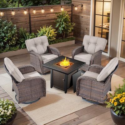 Teebeck 4-Person Swivel Wicker Rattan Seating Group With Cushions And Square Metal Fire Pit Table