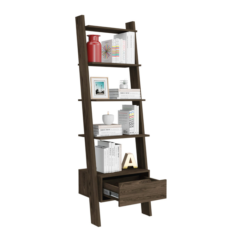 Bibliothèque échelle Ladder, un tiroir, cinq tablettes ouvertes, finition noyer foncé