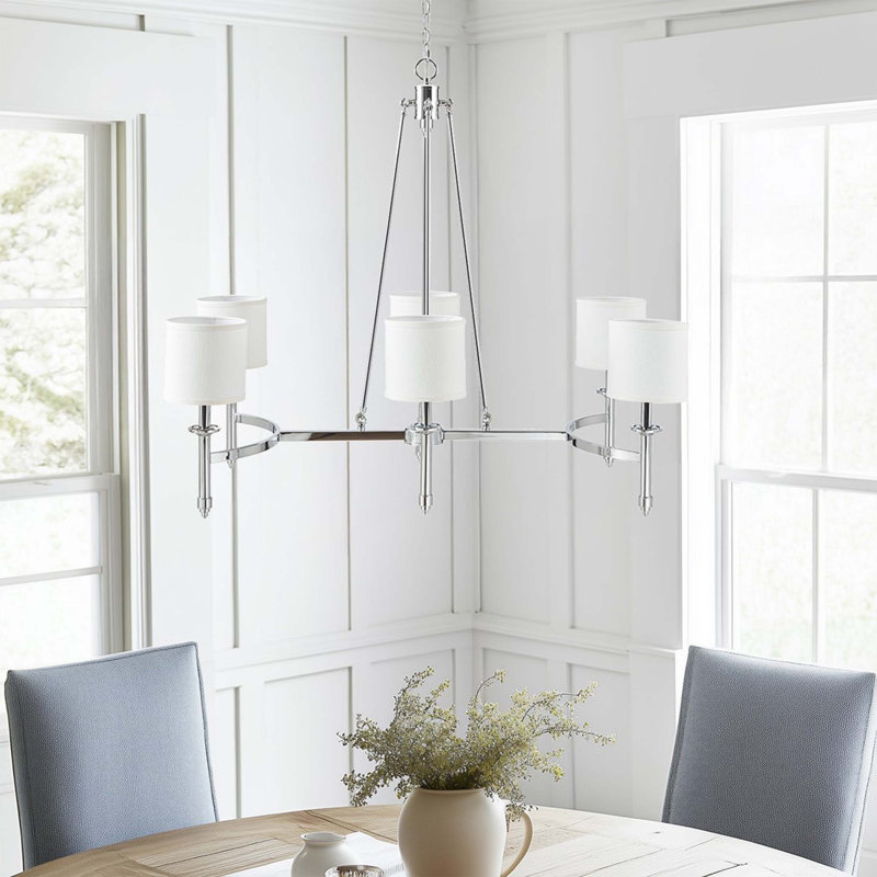 Lustre 6 lumières avec abat-jour tambour en tissu Voir ci-dessous, Chrome