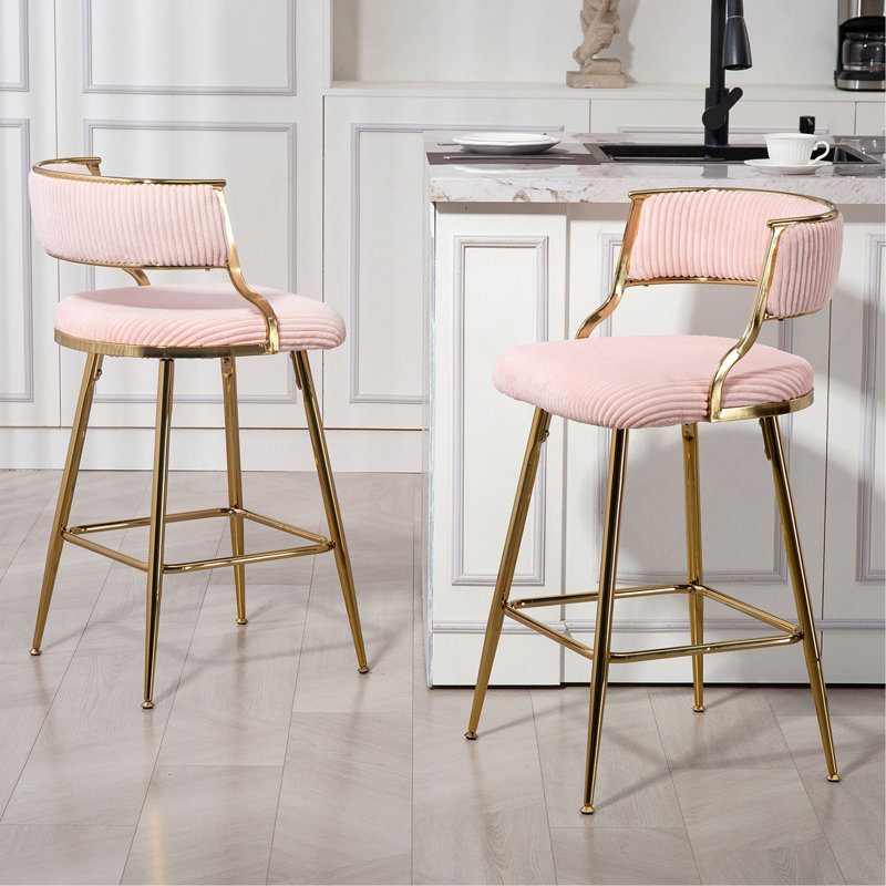 (ENSEMBLE de 2) Tabourets de bar à hauteur de comptoir en velours côtelé avec dossier, base en chrome doré et repose-pieds