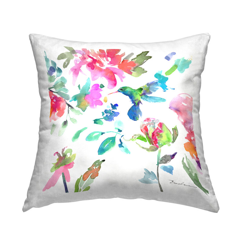 Coussin décoratif à motif floral Colibri flottant imprimé par Evelia Designs