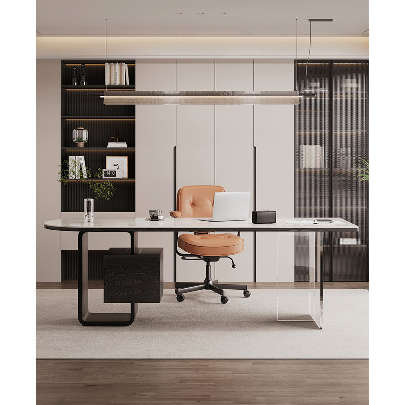 Bureau moderne en pierre frittée minimaliste moderne, 29.53" H x 70.87" W x 31.5" D